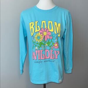 Simply Southern Kids Bloom Wildly Graphic Blue Long Sleeve Shirt Youth Large